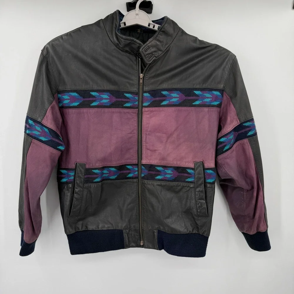 Adler Vintage Leather Bomber Jacket Purple Black Southwestern Woven Mens Large